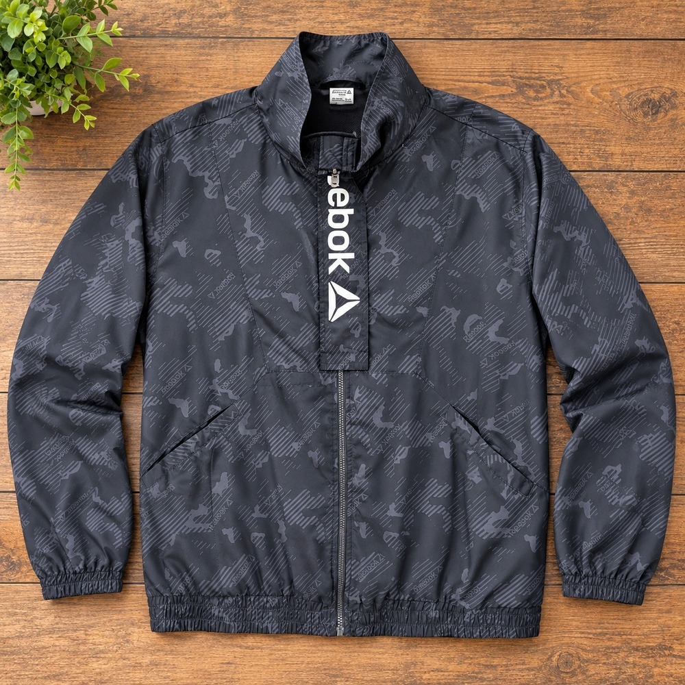 Reebok Mens Windbreaker Jacket Black Graphic Full Zip XL REW231JK04 Pockets Logo
